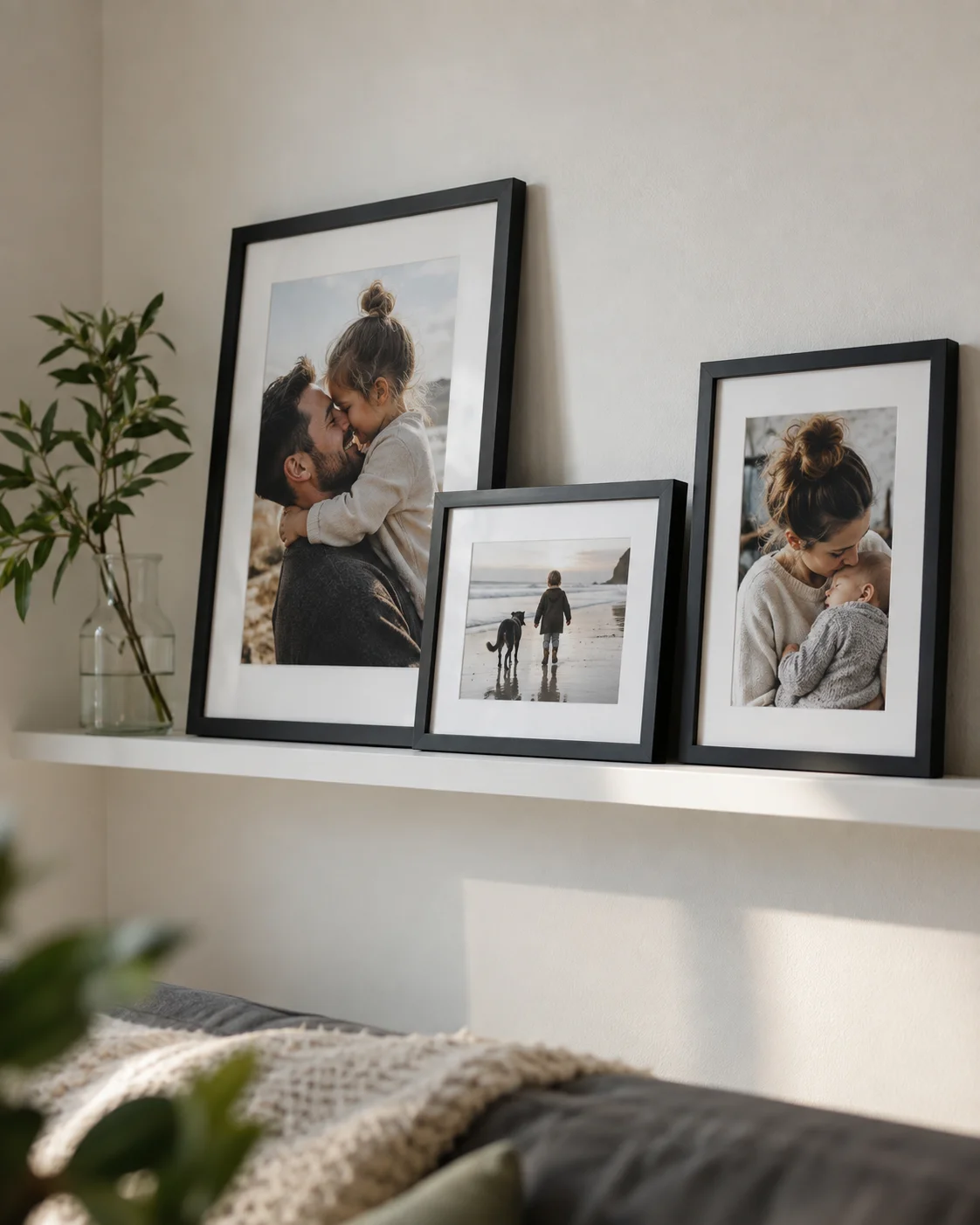 Three family photographs displayed on a slim white ledge