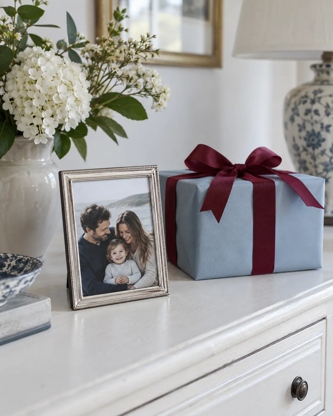 A silver photo frame beside a wrapped personal gift