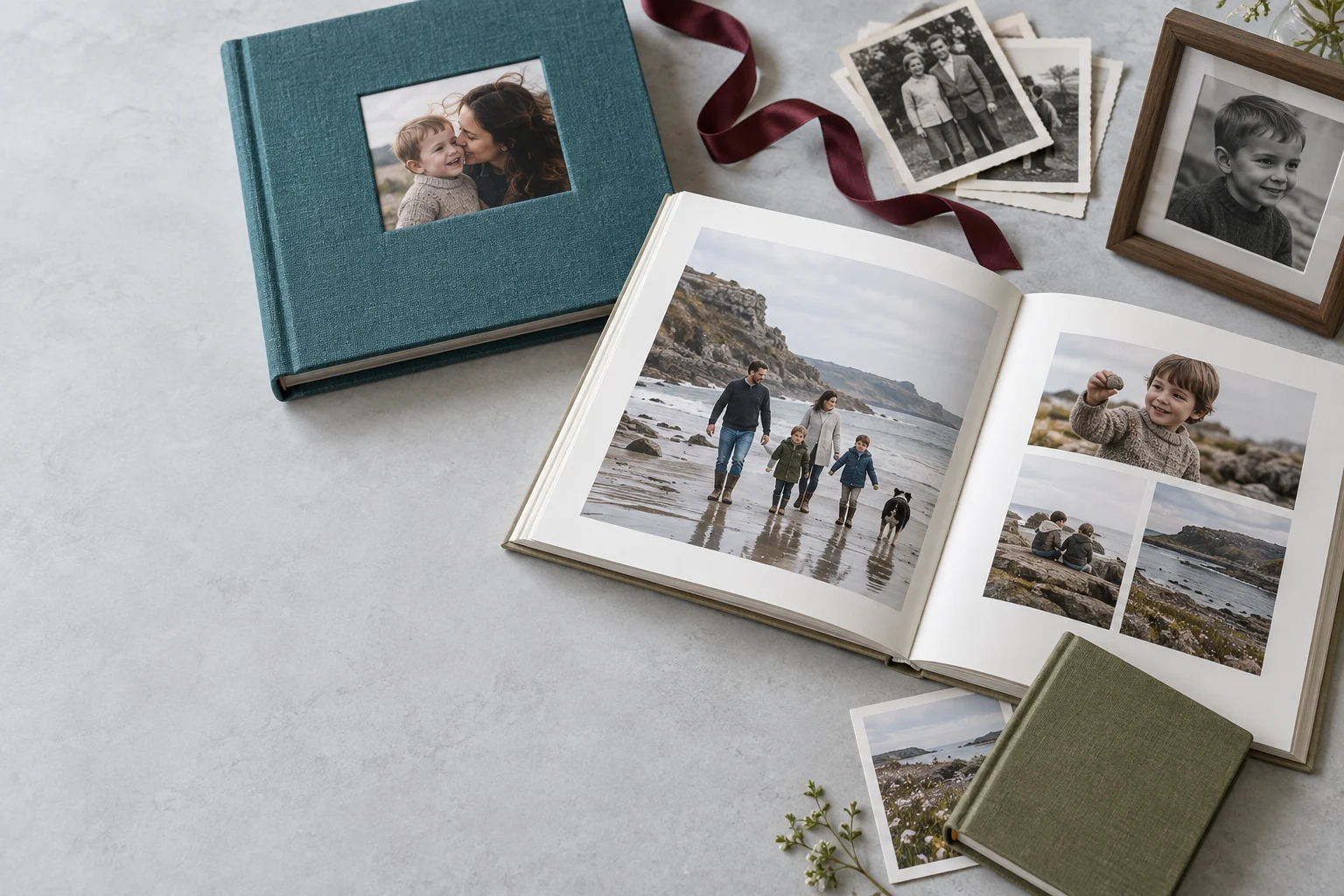 Family photo albums, handwritten memories and framed photographs on a table