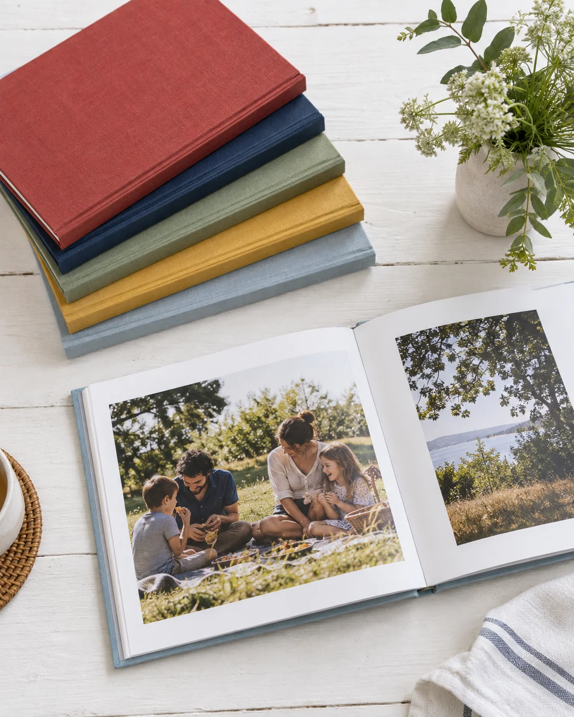 Colourful family yearbooks beside an open picnic album